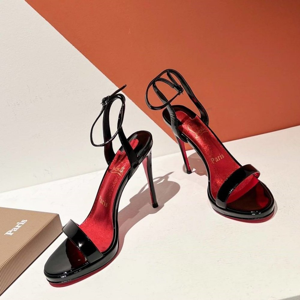 Authentic Christian Louboutin Loubi Queen Ankle Strap Black Patent Sandals